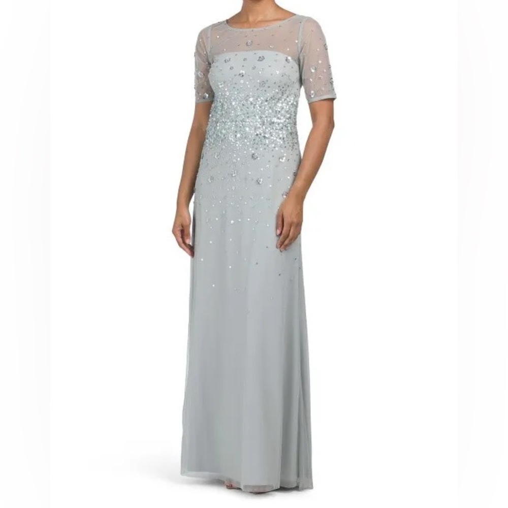 Adrianna Papell Silver Beaded Mesh Maxi Gown Fits Like A 12